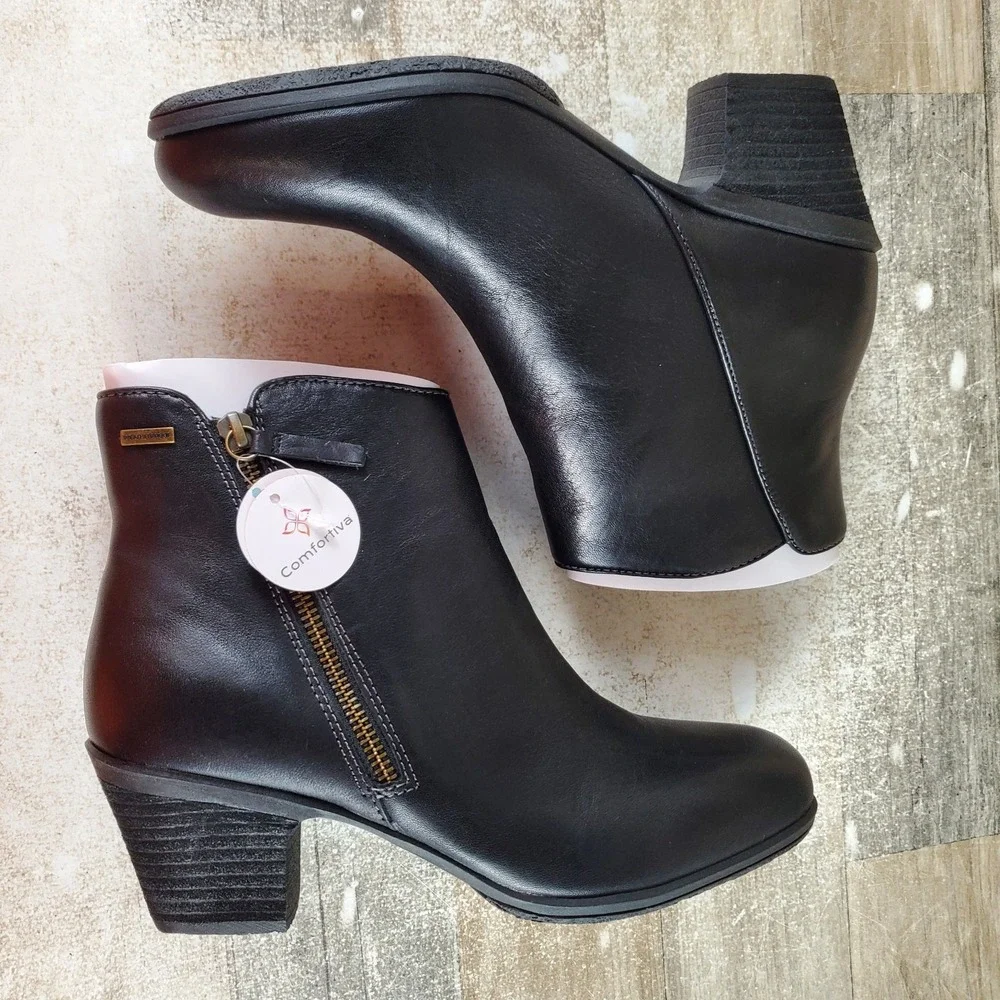 Comfortiva Barras‎ Womens Ankle Boot Sz 9 M Black Leather Round Toe Block Heel